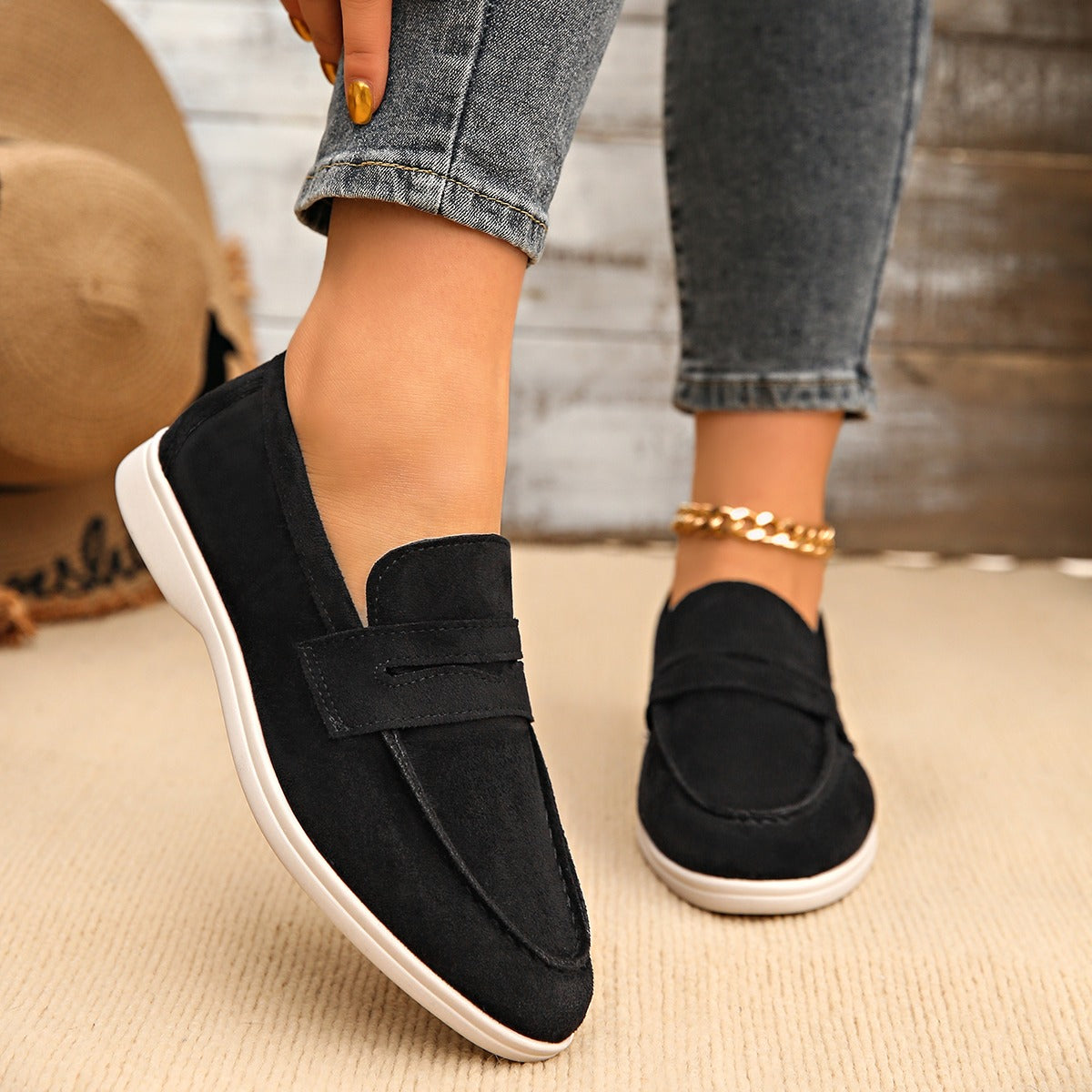 Mocasín de mujer con tira y suela blanca, color negro, foto 16