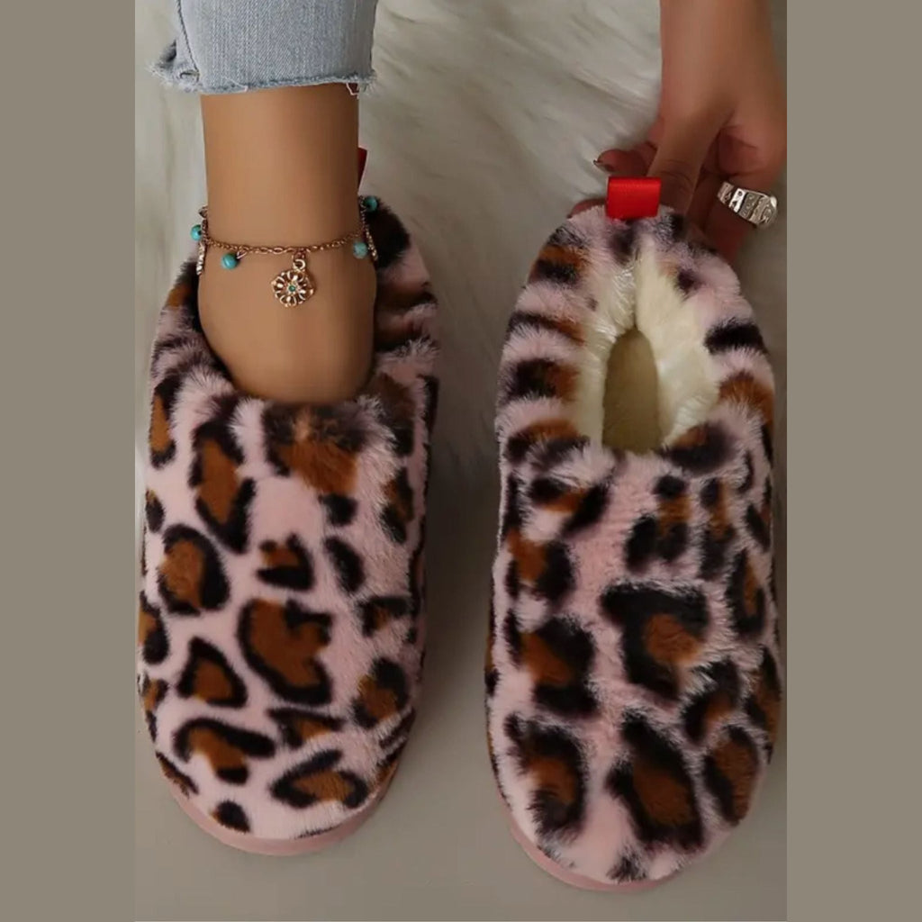 Mocasín mule forrada leopardo rosa con plataforma, par completo