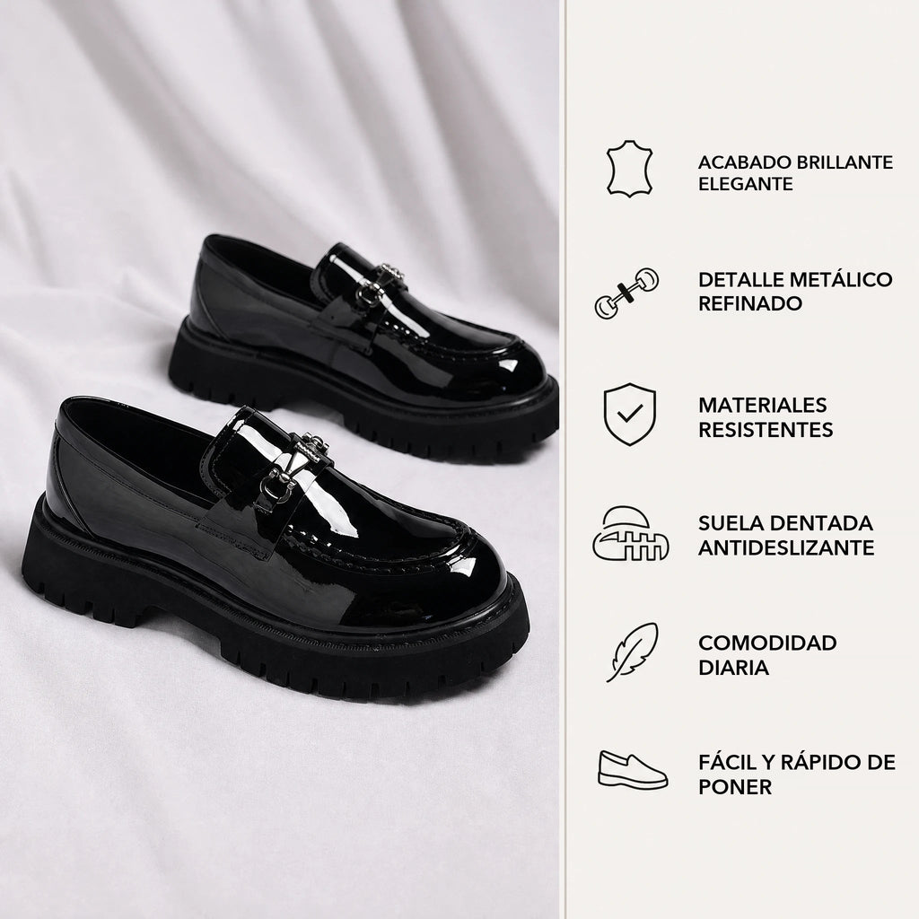 Mocasín negro hombre de charol con suela gruesa dentada negro, vista superior