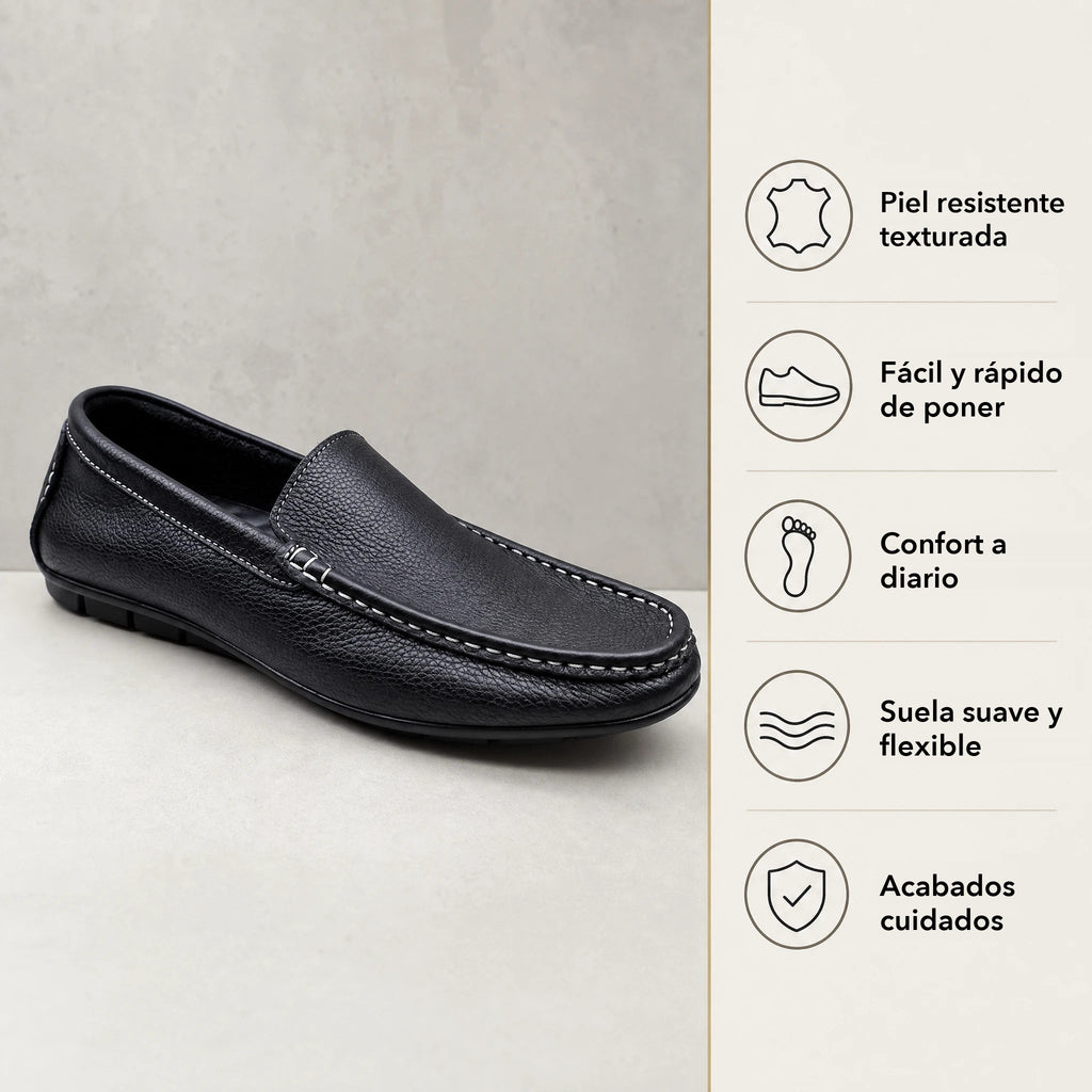 Mocasín negro de hombre con costuras blancas, detalle de las costuras