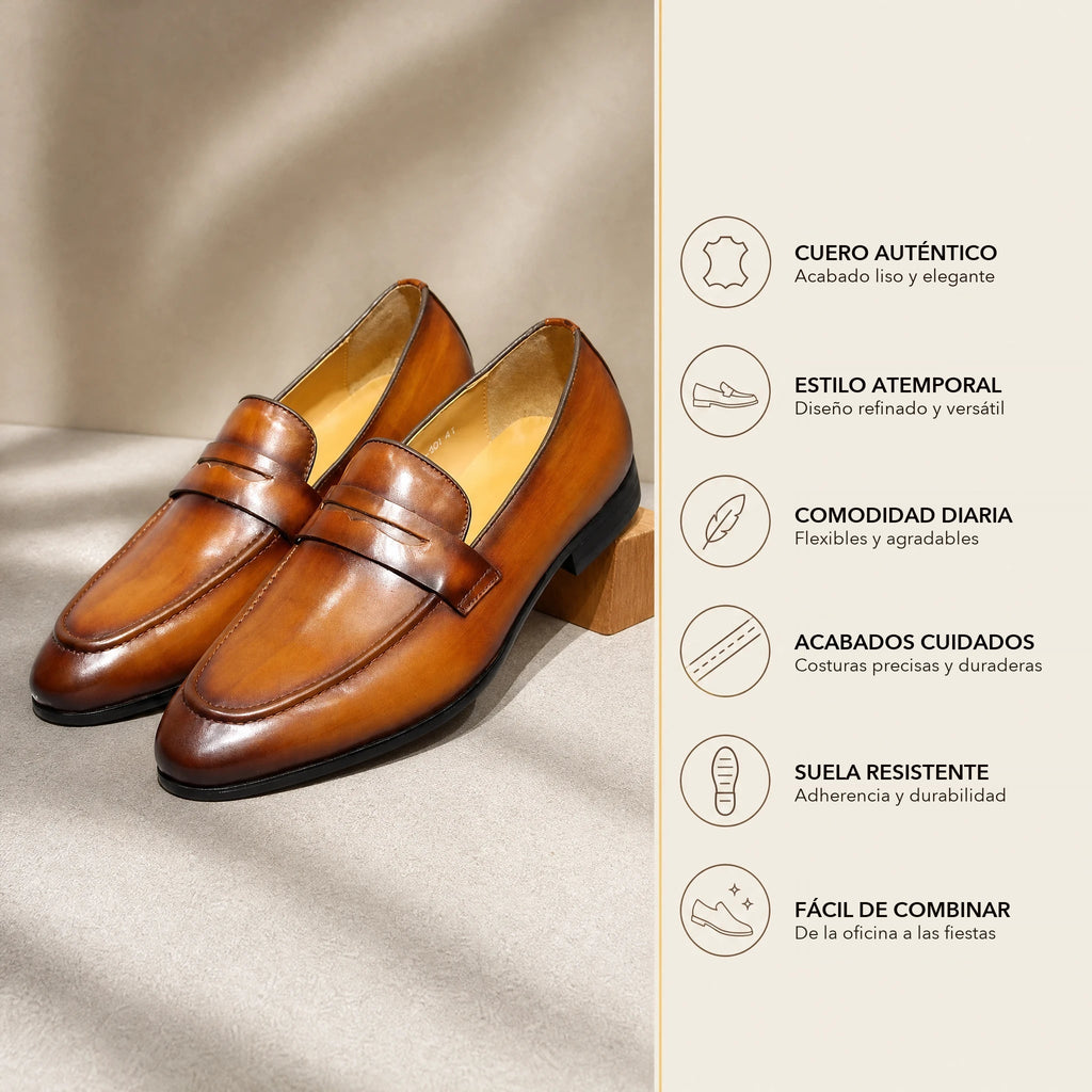 Mocasín penny hombre de piel patinada a mano coñac, vista superior