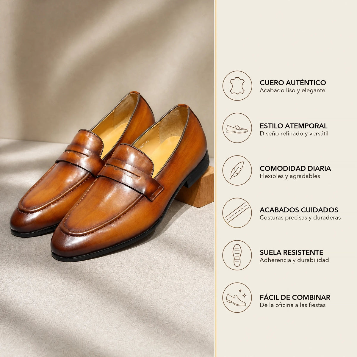 Mocasín penny hombre de piel patinada a mano coñac, vista superior