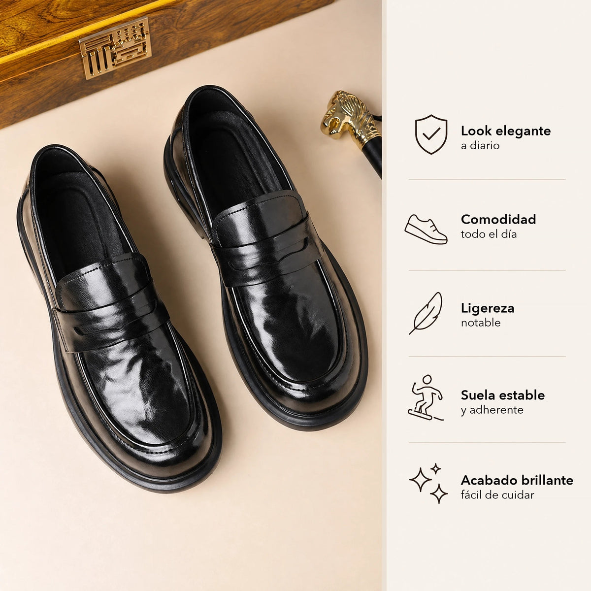 Mocasín penny de hombre en piel serraje con suela gruesa, color negro, vista superior Imagen