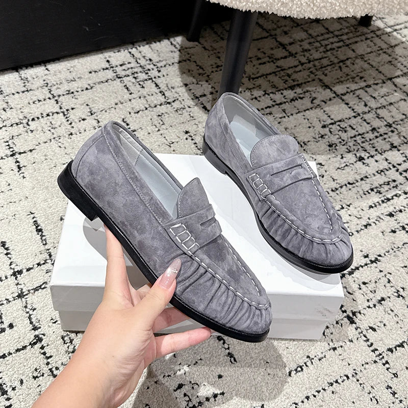 Mocasín mule mujer efecto ante gris, vista lateral