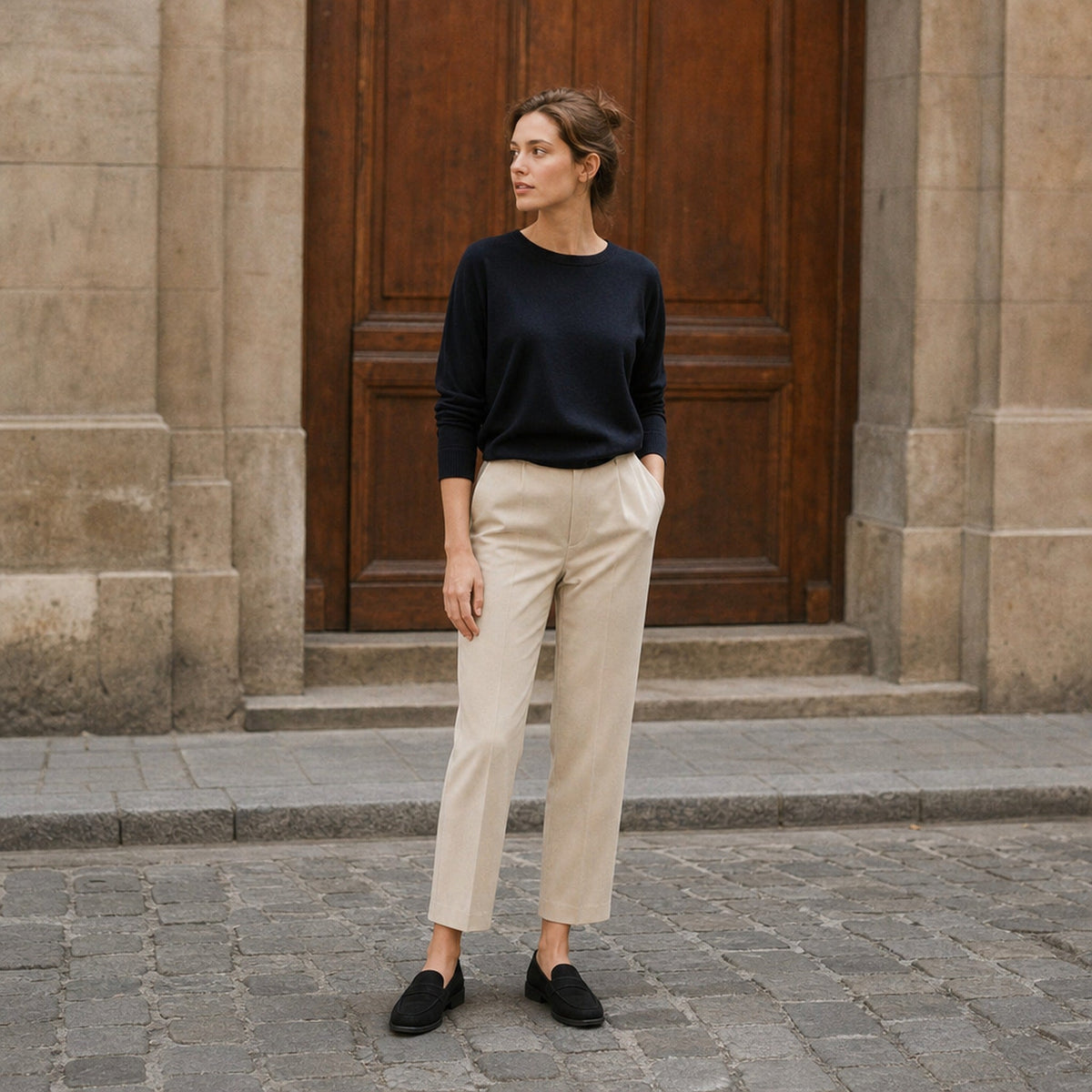 Mocasín mule mujer efecto ante camel, detalle de la costura