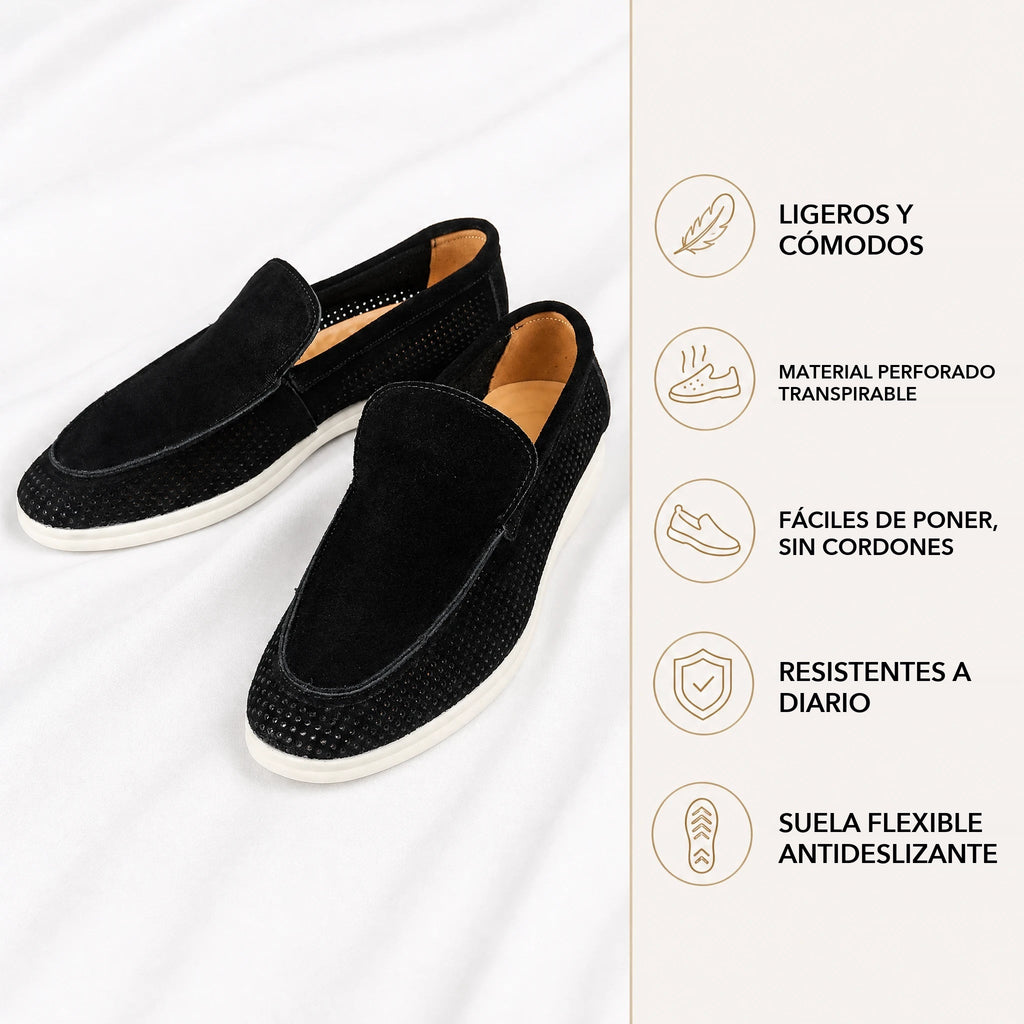 Mocasín perforado de ante para hombre negro, vista frontal