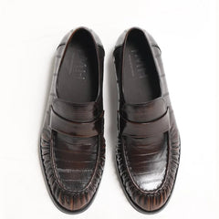Mocasín de piel para hombre efecto piel de anguila, negro y marrón, Marrón oscuro