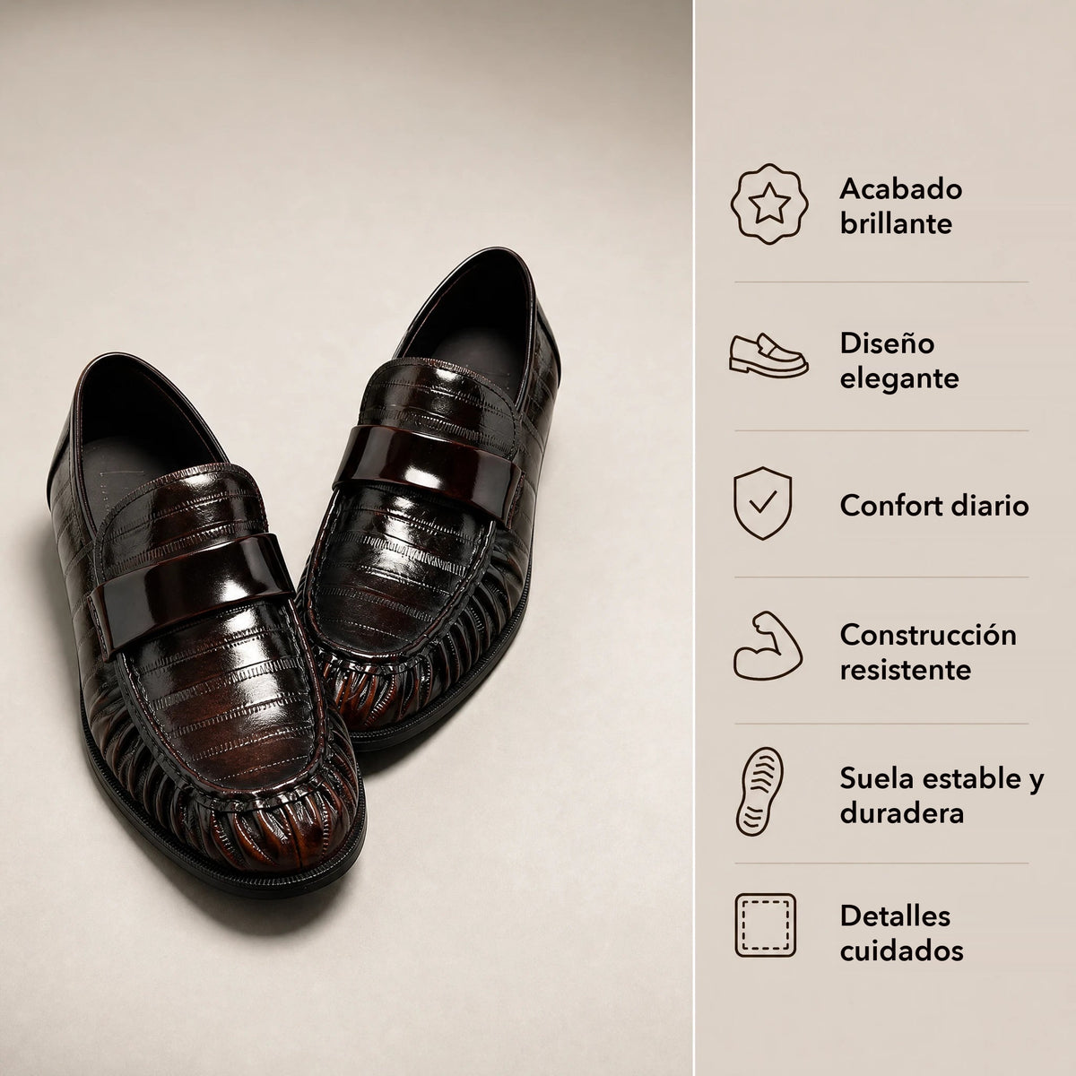 Mocasín de piel para hombre efecto piel de anguila, negro y marrón, color marrón oscuro, vista superior