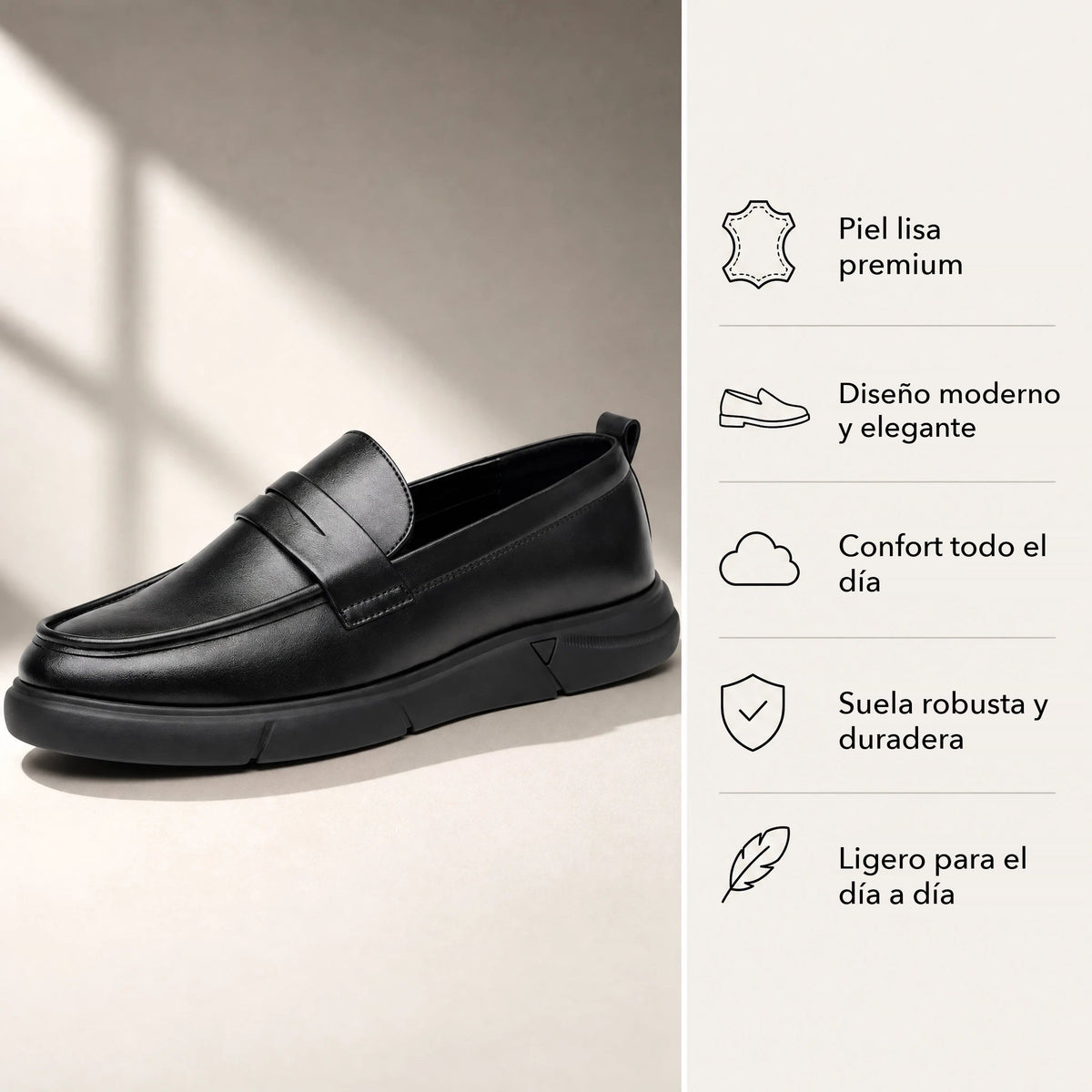 Mocasín plataforma de hombre negro con lengüeta, detalle de la suela
