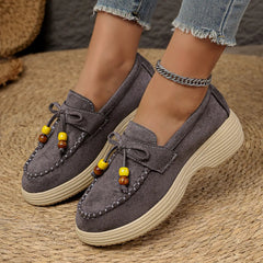 Mocasín con plataforma de mujer y lazo de perlas, Gris oscuro