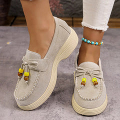 Mocasín con plataforma de mujer y lazo de perlas, Beige