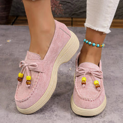 Mocasín con plataforma de mujer, lazo y perlas de colores, Rosa