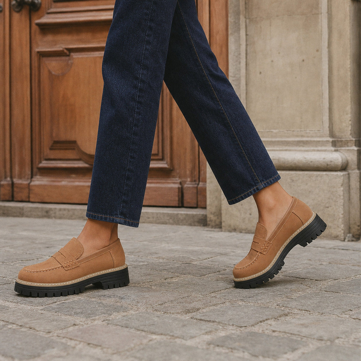 Mocasín de mujer con plataforma y suela dentada Beige, vista trasera