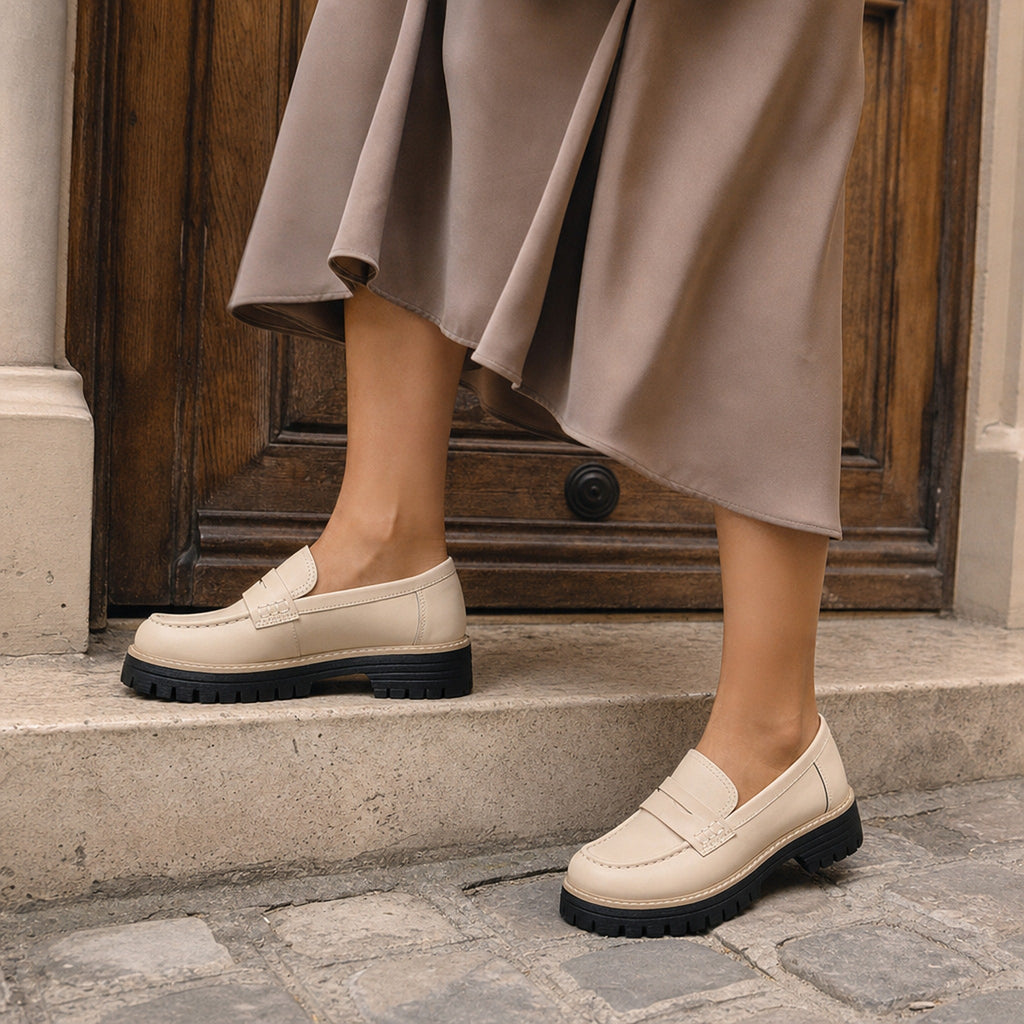 Mocasín de mujer con plataforma y suela dentada Azul, puesto en el pie