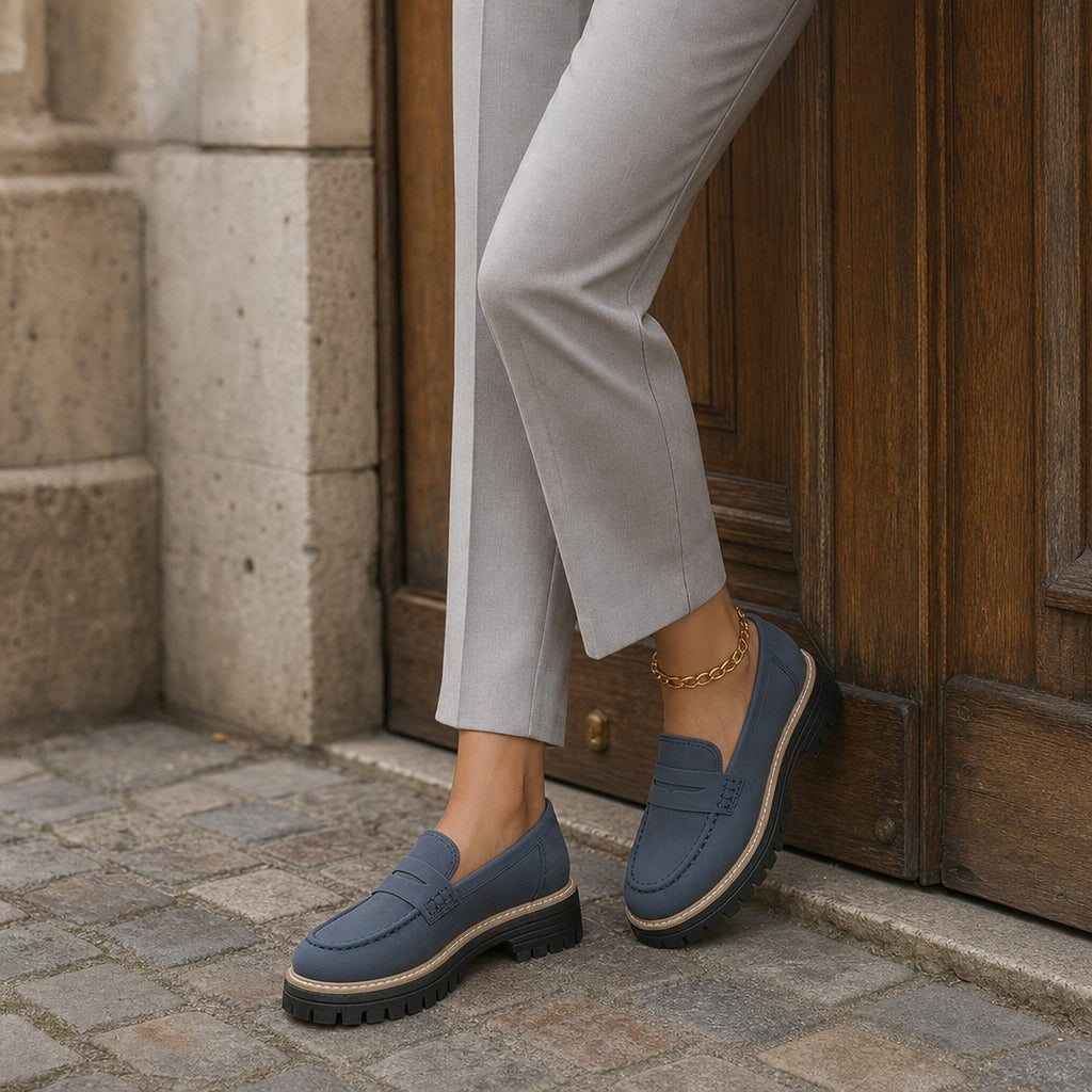 Mocasín de mujer con plataforma y suela dentada Negro, detalle del interior
