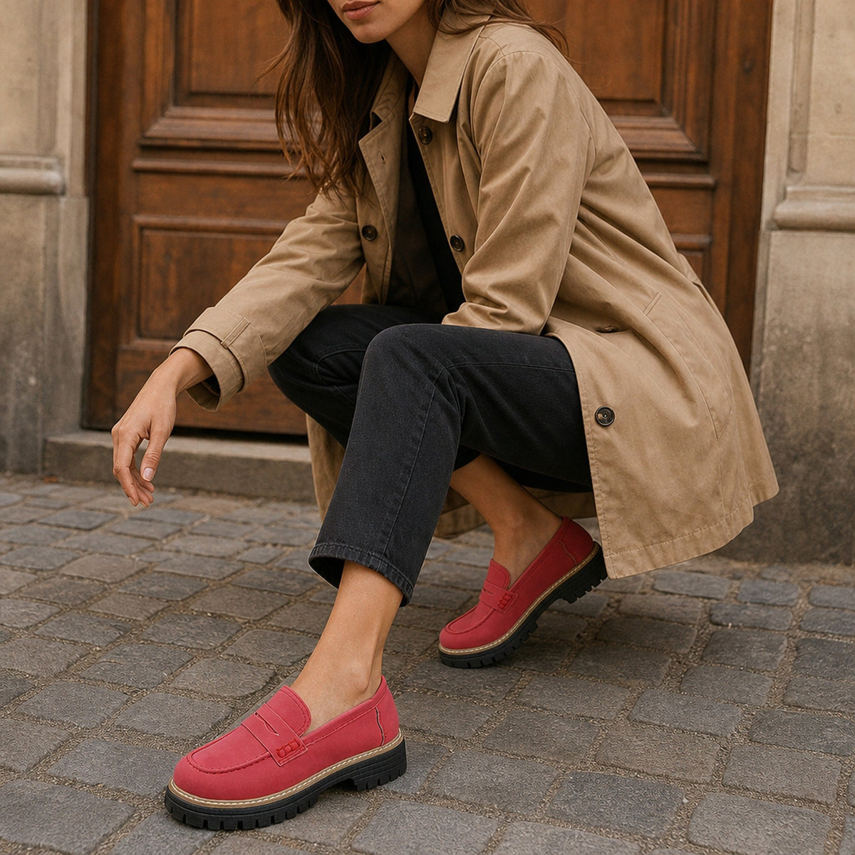 Mocasín de mujer con plataforma y suela dentada Verde, par completo Imagen