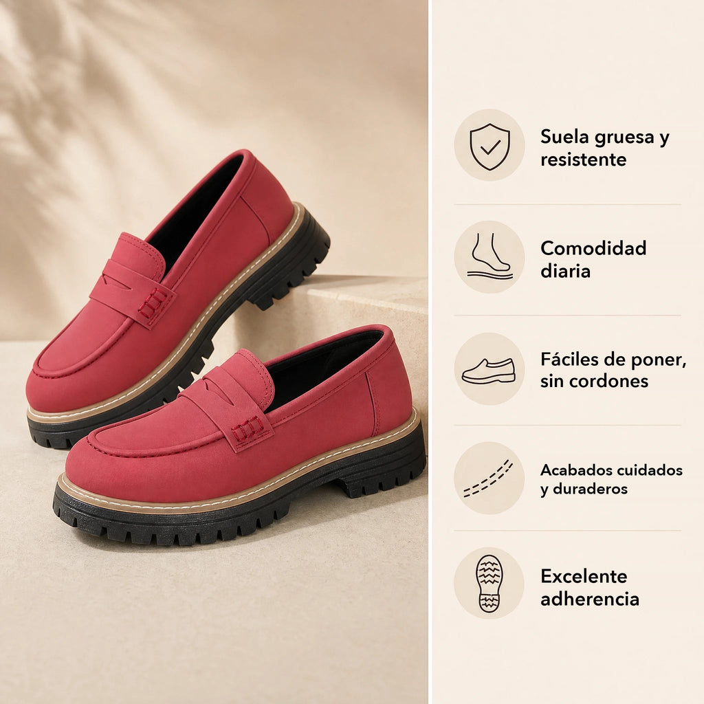 Mocasín de mujer con plataforma y suela dentada Rojo, detalle de la suela