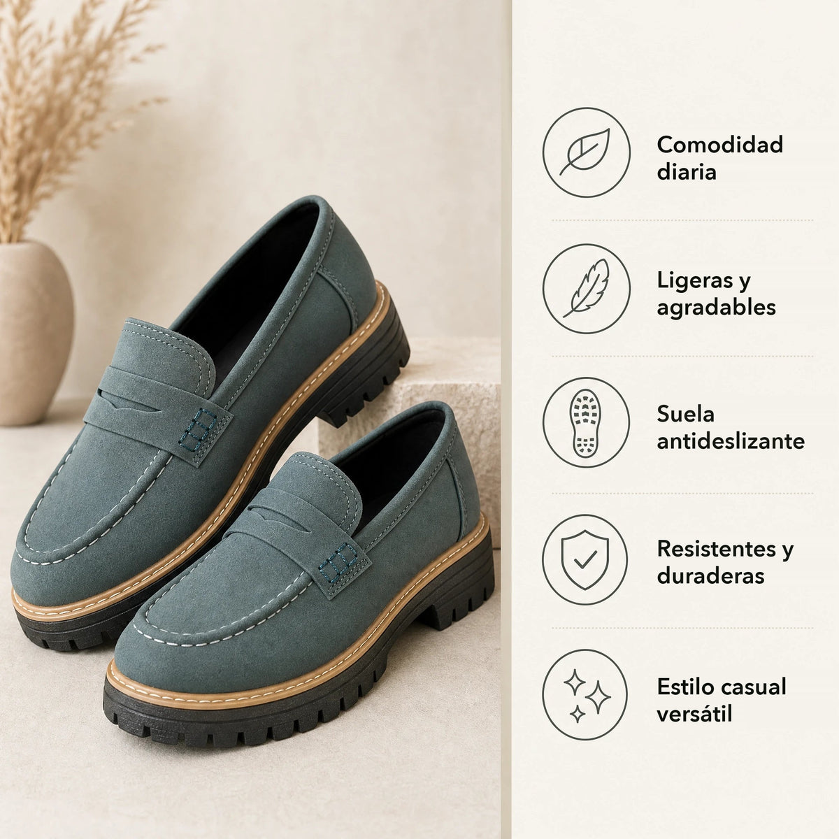 Mocasín de mujer con plataforma y suela dentada Negro, detalle de las costuras Imagen
