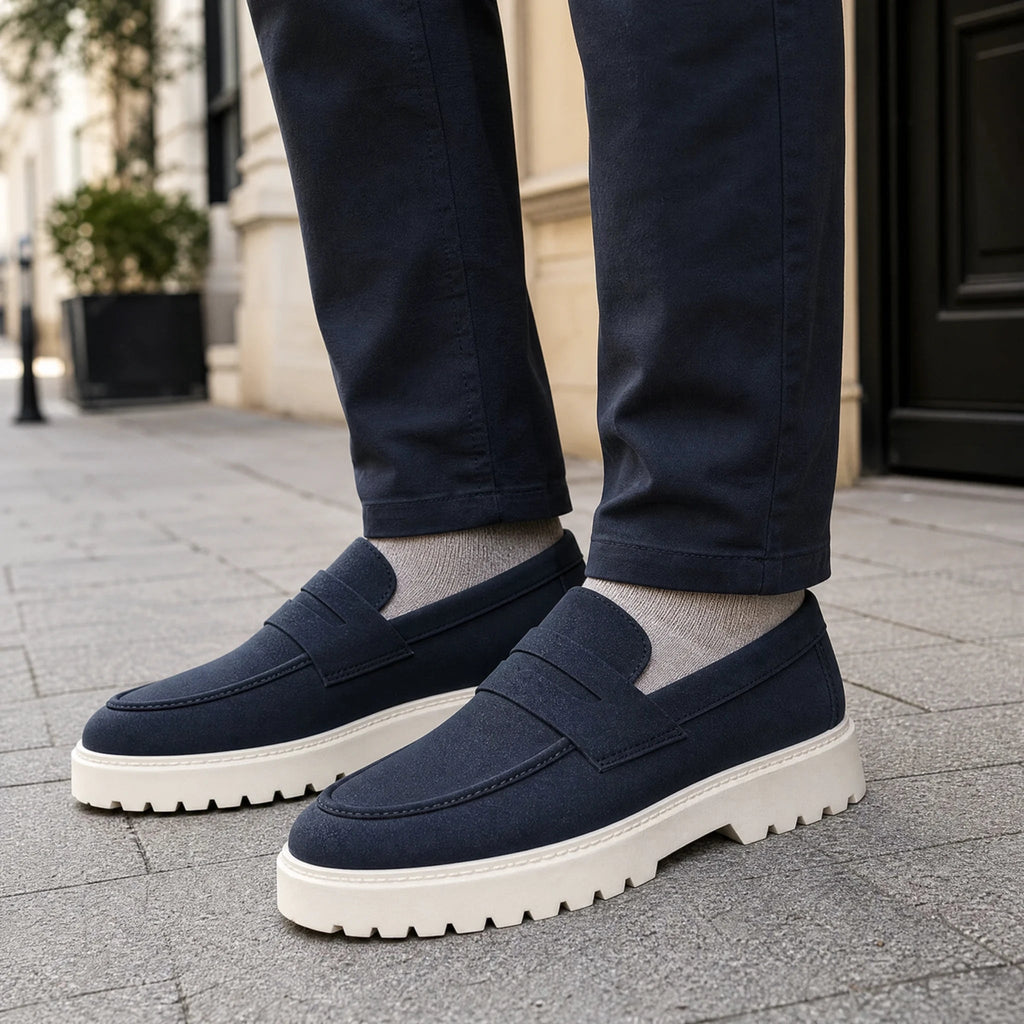Mocasín camel con suela blanca dentada, vista lateral