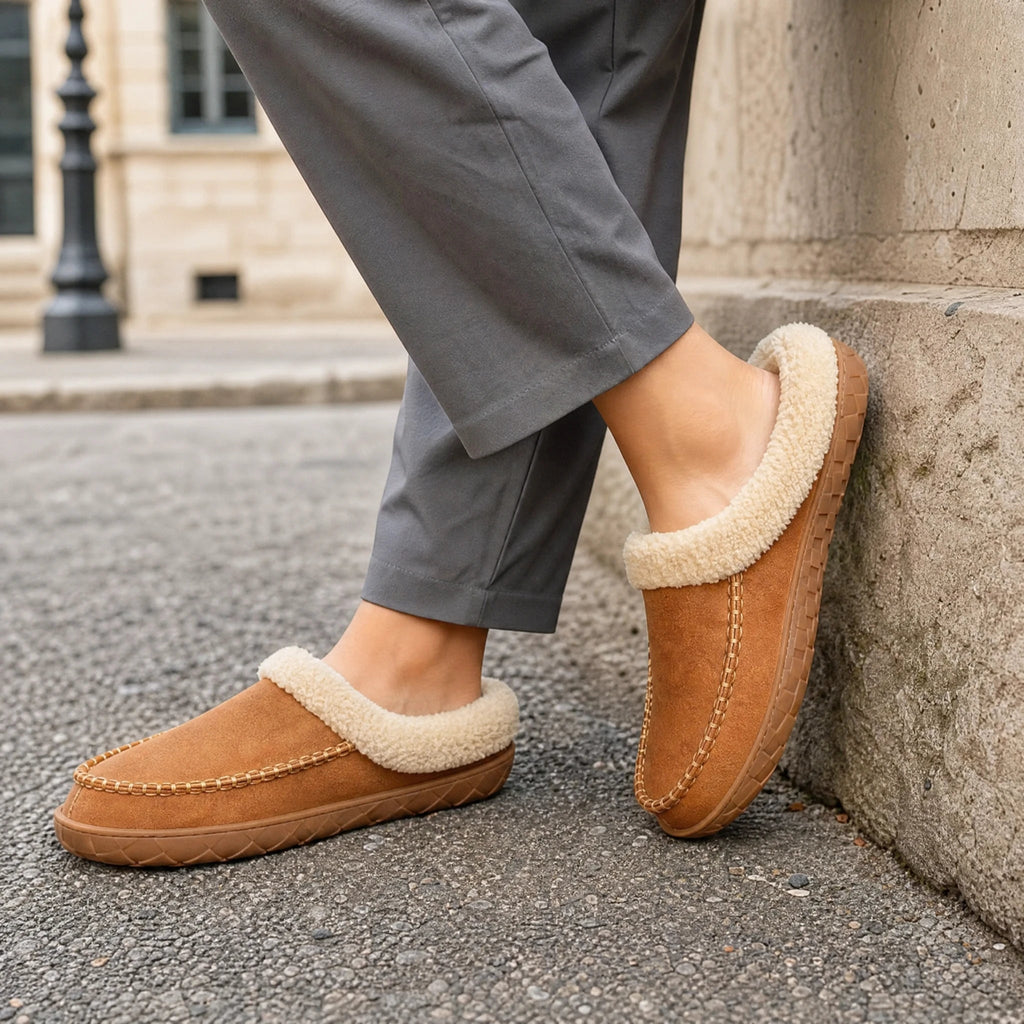 Mocasín zapatilla forrado camel con cuello de borreguito, vista trasera