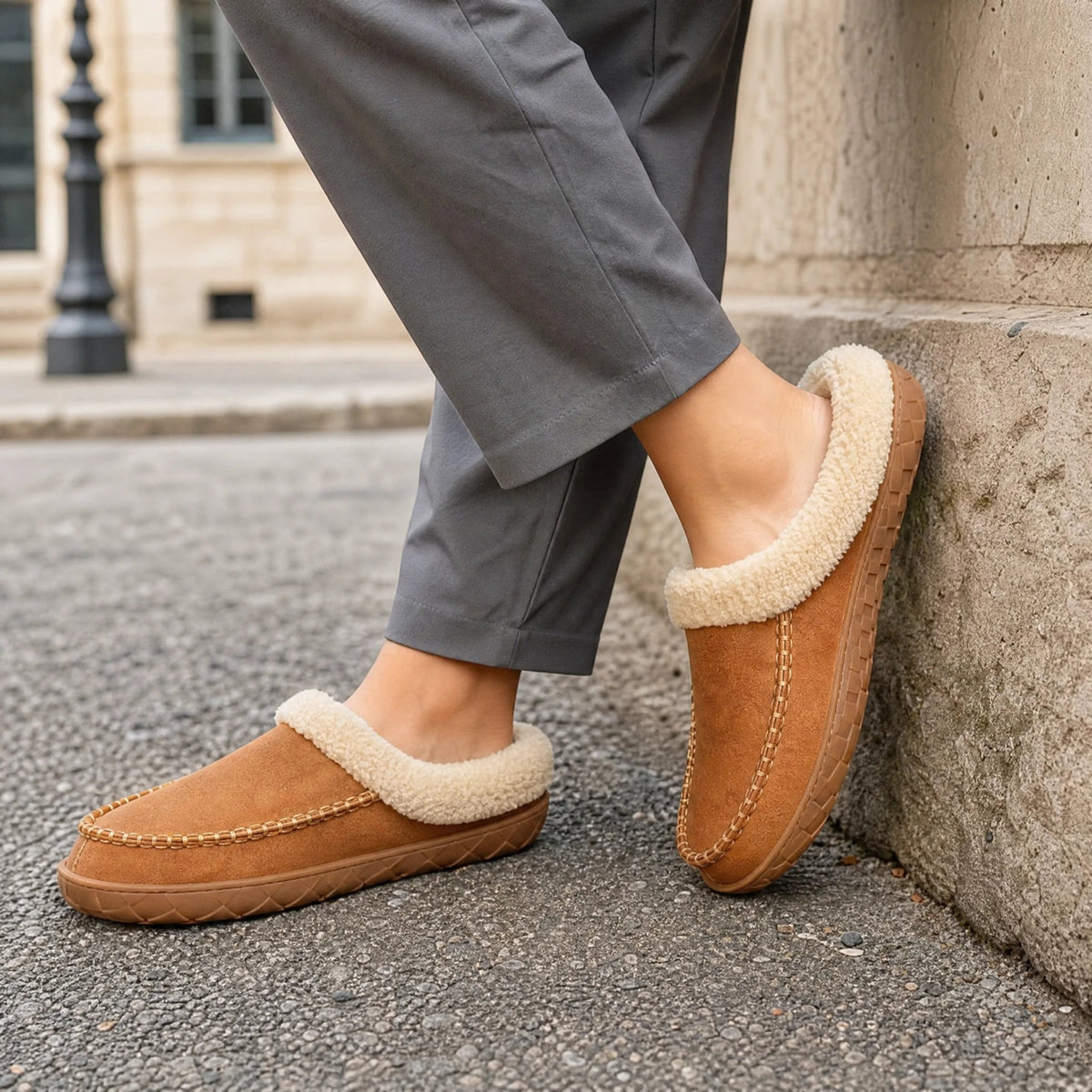 Mocasín zapatilla forrado camel con cuello de borreguito, vista trasera