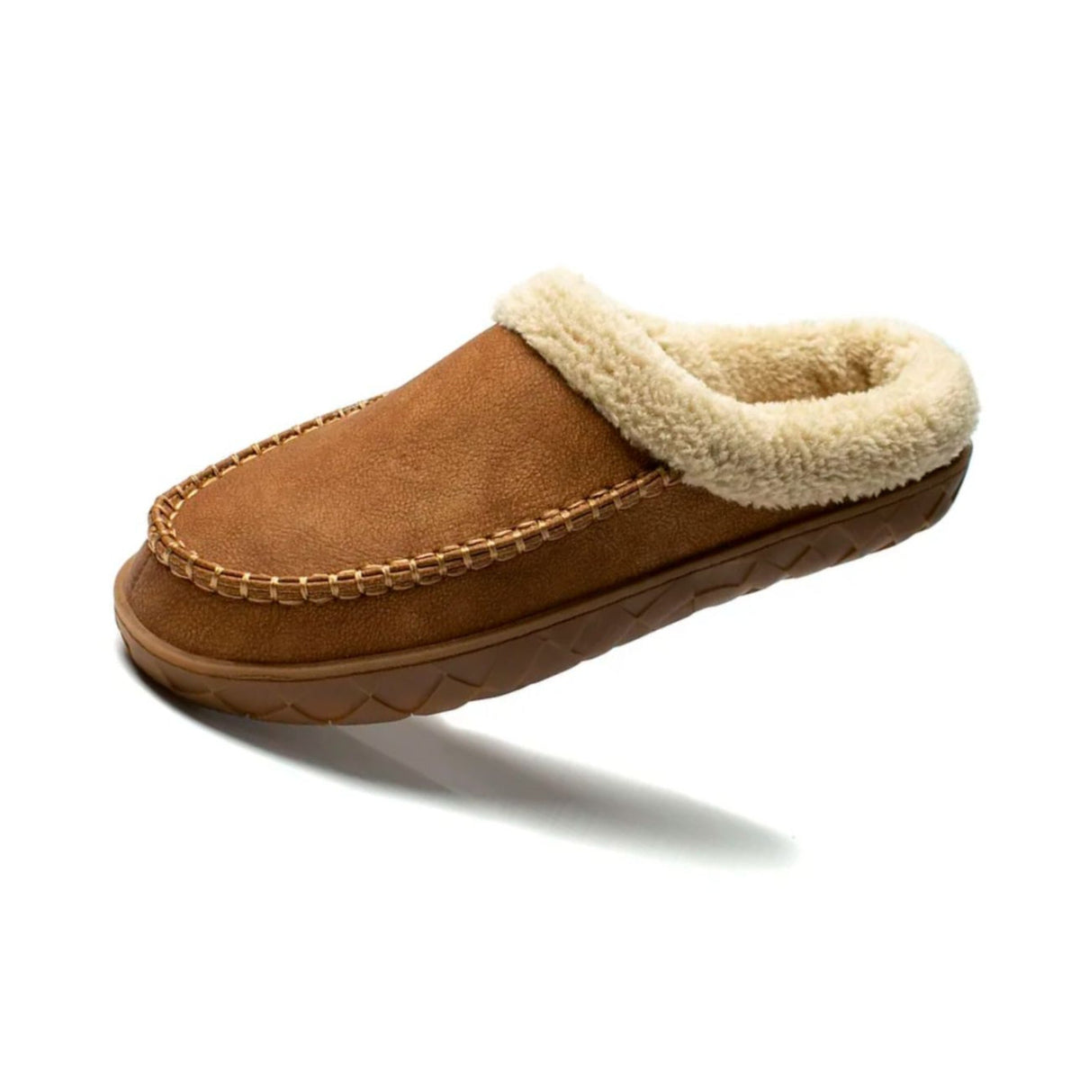 Mocasín zapatilla forrado camel con cuello de borreguito, vista superior