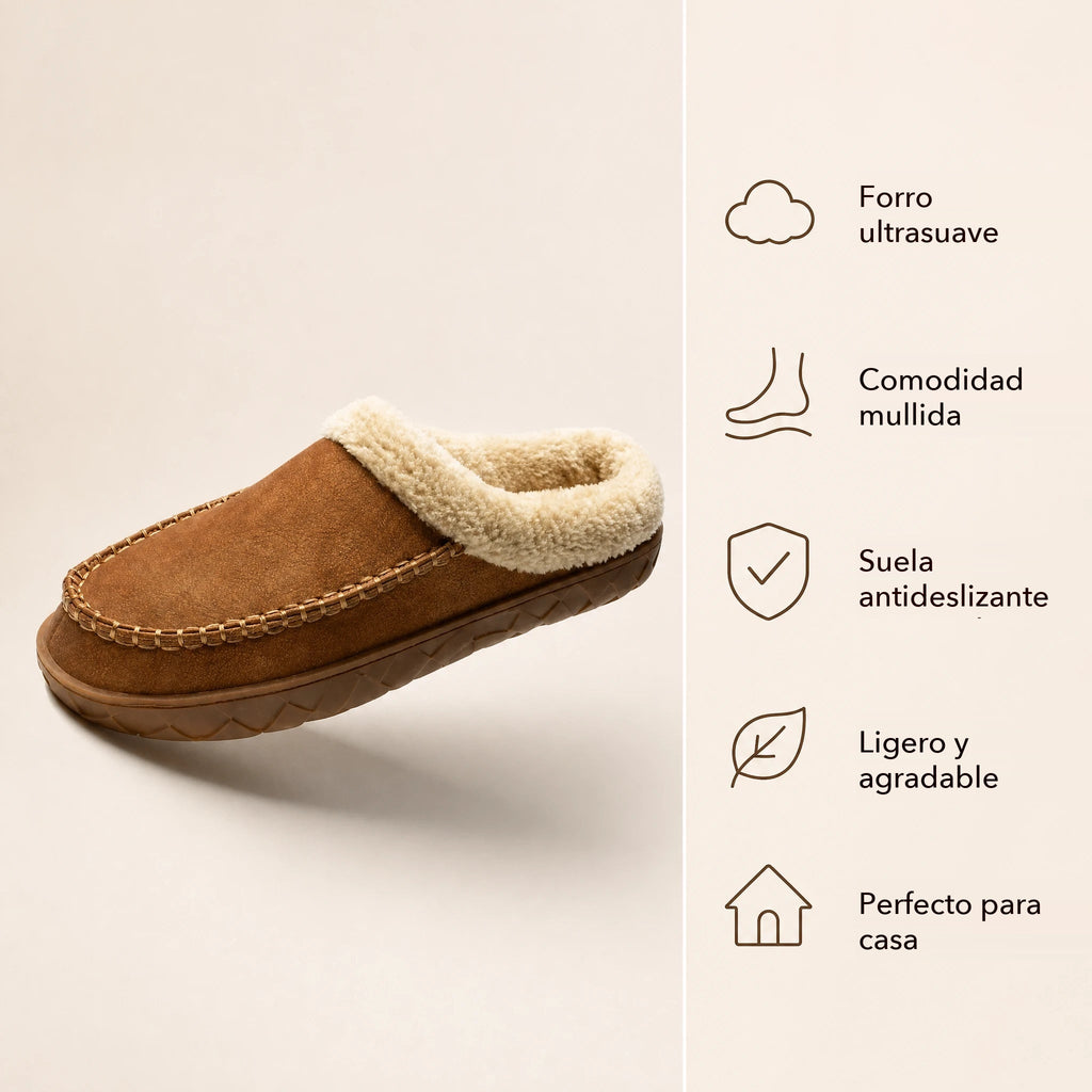 Mocasín zapatilla forrado camel con cuello de borreguito, detalle de la suela