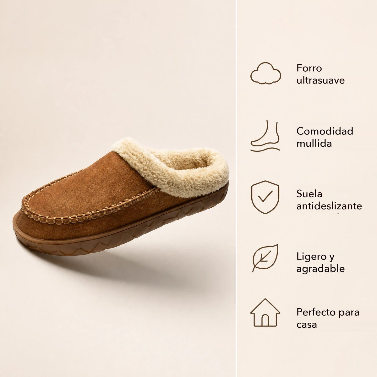 Mocasín zapatilla forrado camel con cuello de borreguito, detalle de la suela Imagen