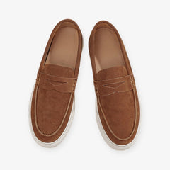 Mocasín de ante para hombre con pasador y suela blanca, Marrón