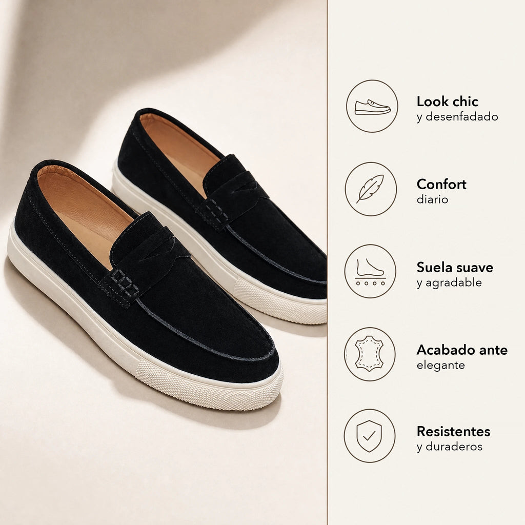 Detalle del pasador sobre el empeine del mocasín de ante