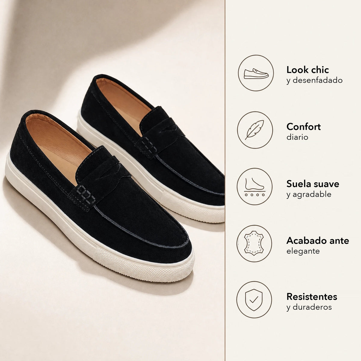 Detalle del pasador sobre el empeine del mocasín de ante Imagen
