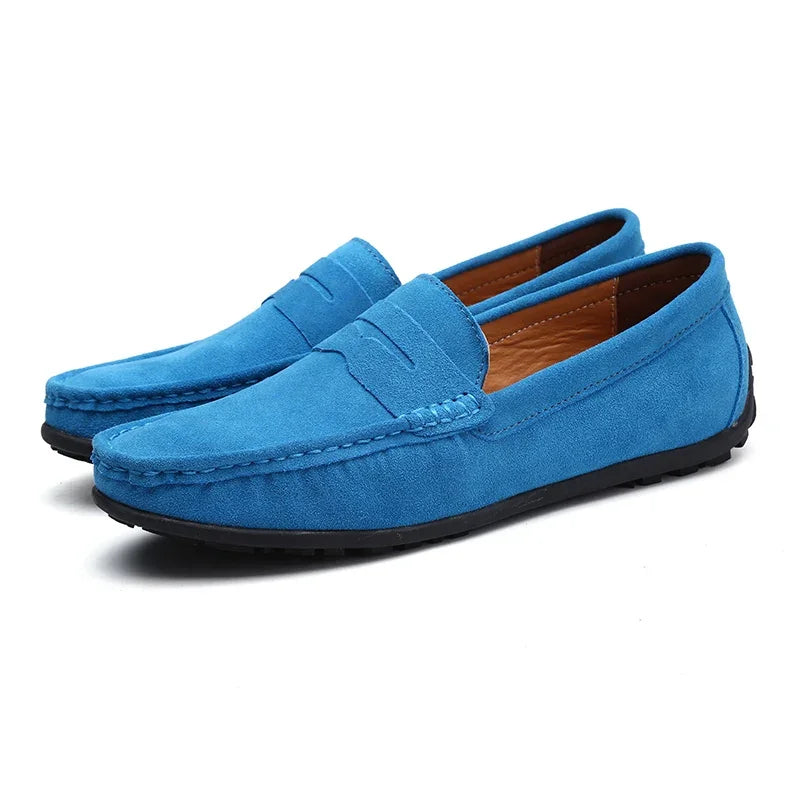 Mocasines de hombre en ante con antifaz penny en azul