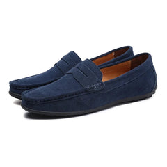 Mocasines azules de hombre en ante con antifaz penny, Azul marino