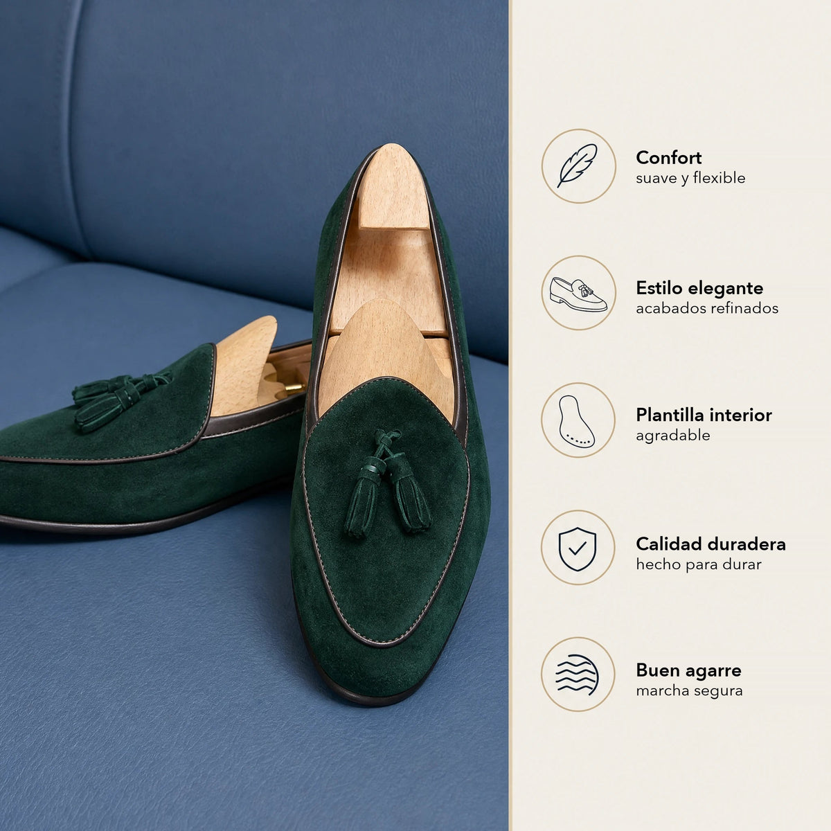 Mocasines de borla para hombre en ante con punta fina, color negro, detalle de la suela