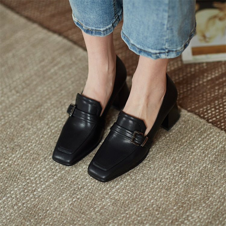 Mocasines cuadrados de cuero genuino para mujer
