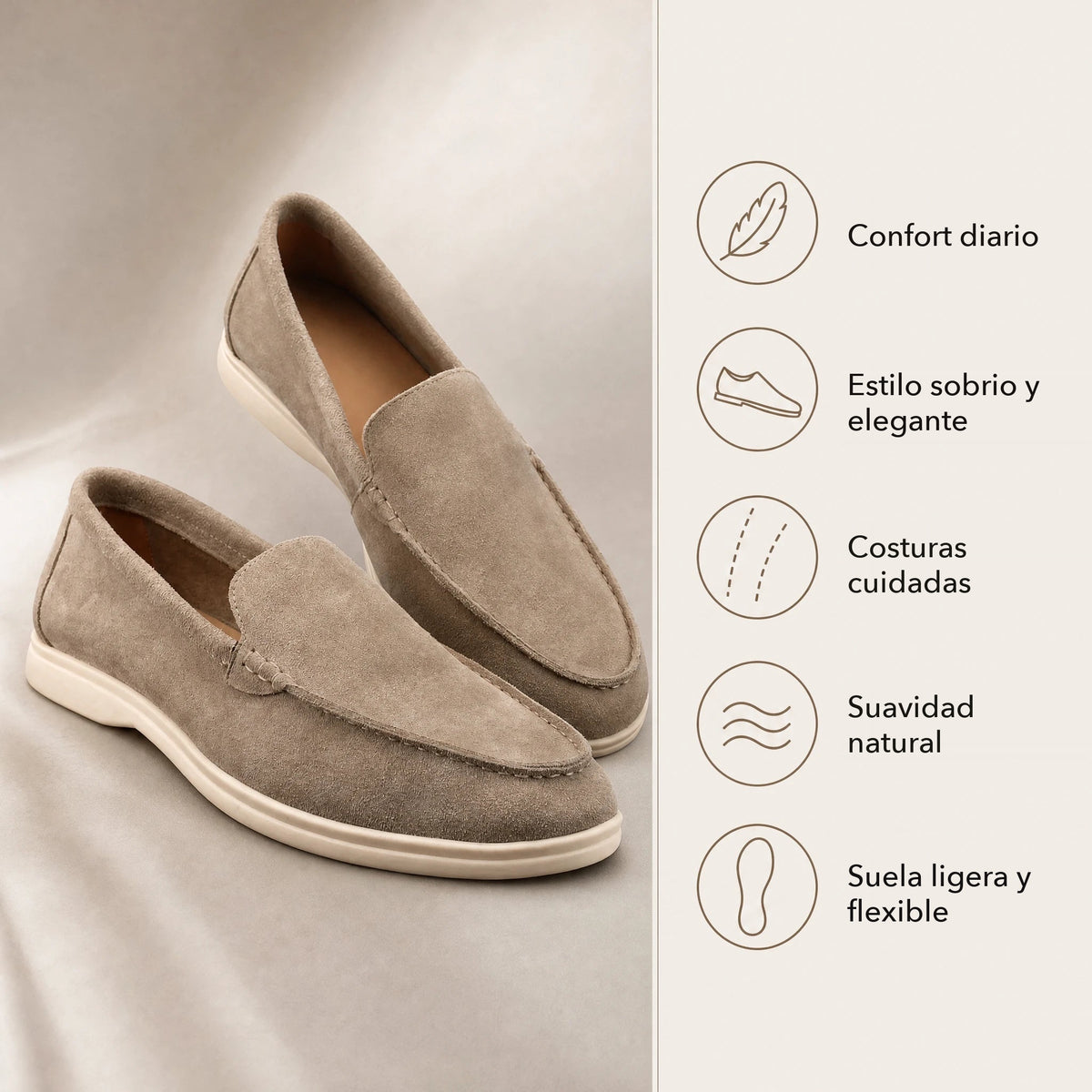 Mocasines flexibles de hombre en ante taupe con suela clara, color taupe, detalle de la suela Imagen