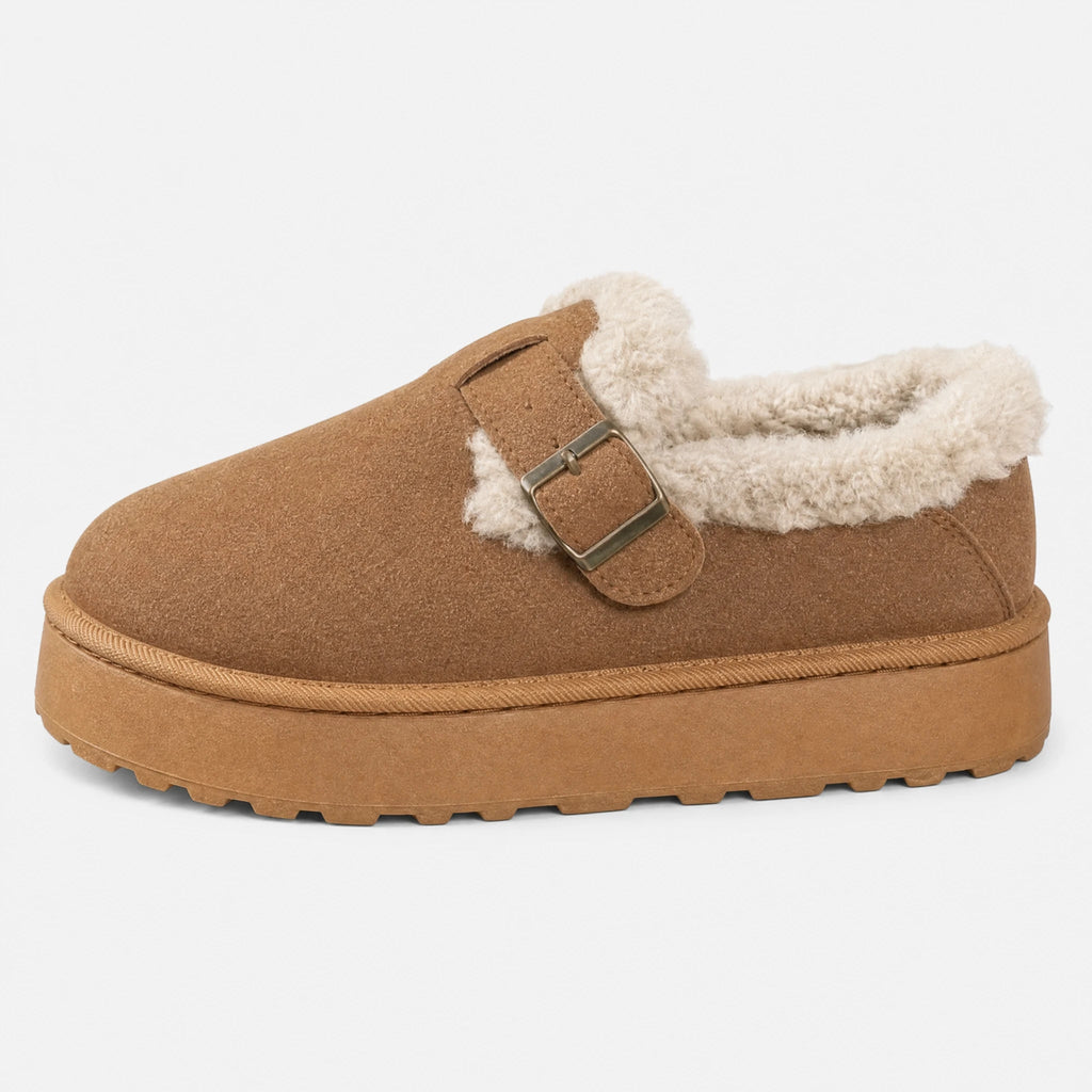 Mocasines forrados de mujer marrones con hebilla, vista lateral