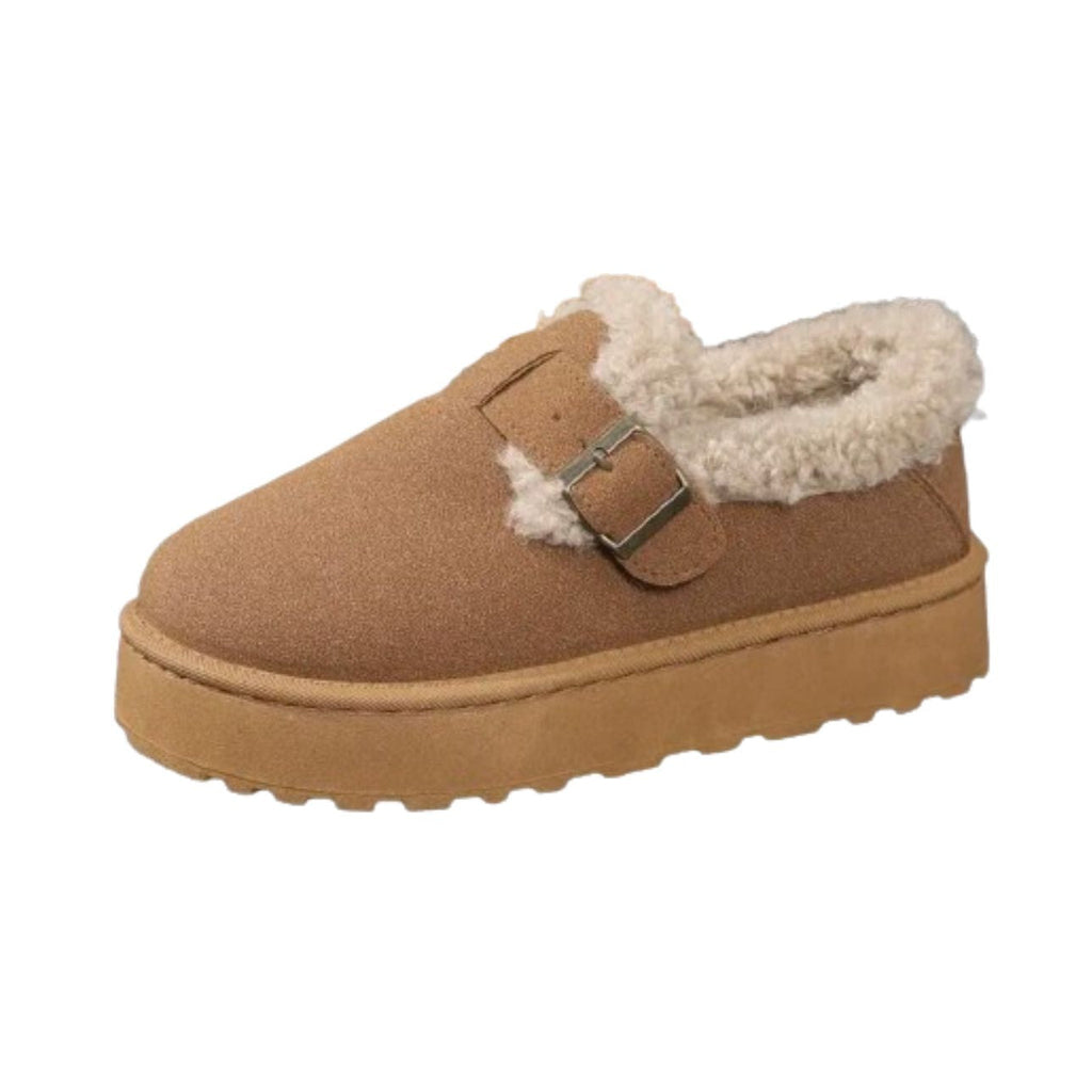 Mocasines forrados de mujer marrones con hebilla, vista superior