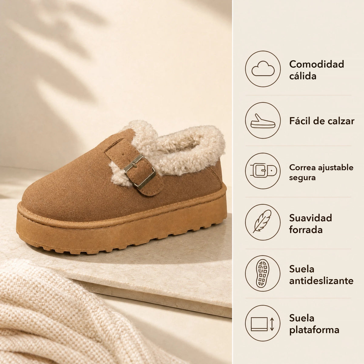 Mocasines forrados de mujer marrones con hebilla, detalle de la suela