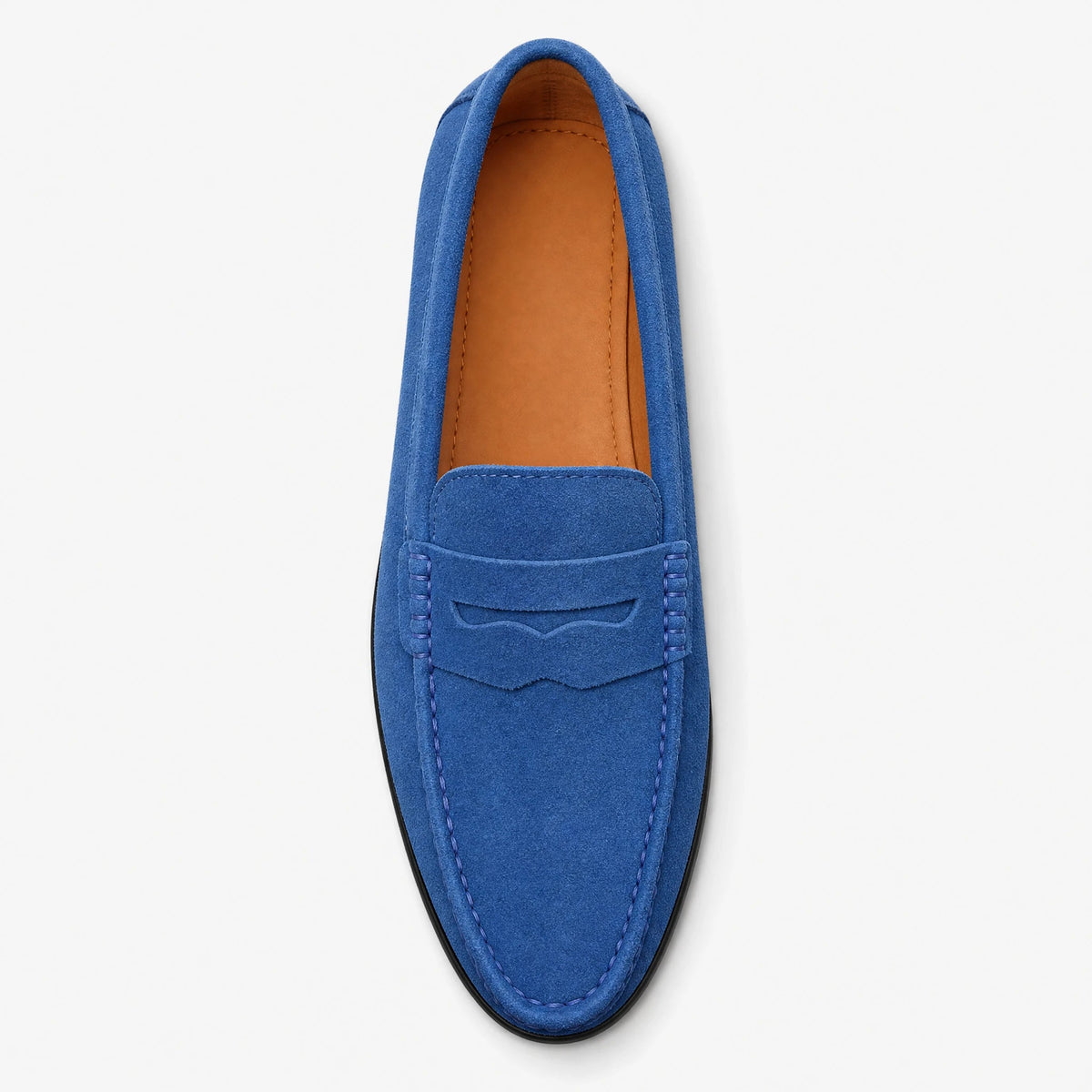 Mocasines de hombre azules en ante con suela dentada, color azul marino, vista lateral Imagen