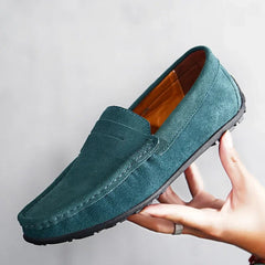Mocasines de hombre azules en ante con suela dentada, Verde