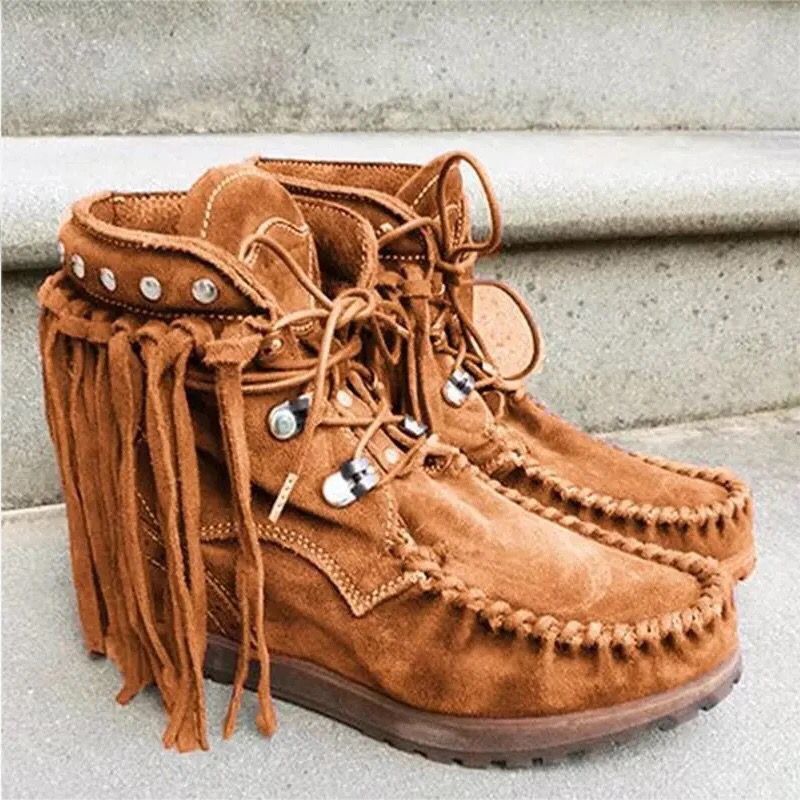 Mocasín indio con cordones y flecos, zapatillas altas de ante marrón