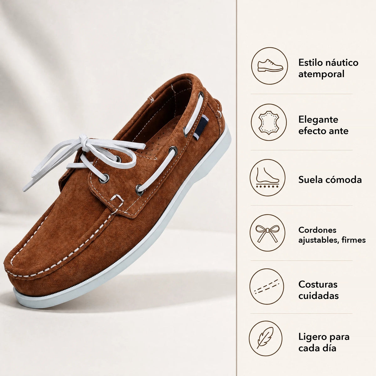 Mocasines náuticos de hombre en ante con cordones blancos, color taupe, detalle de la suela Imagen