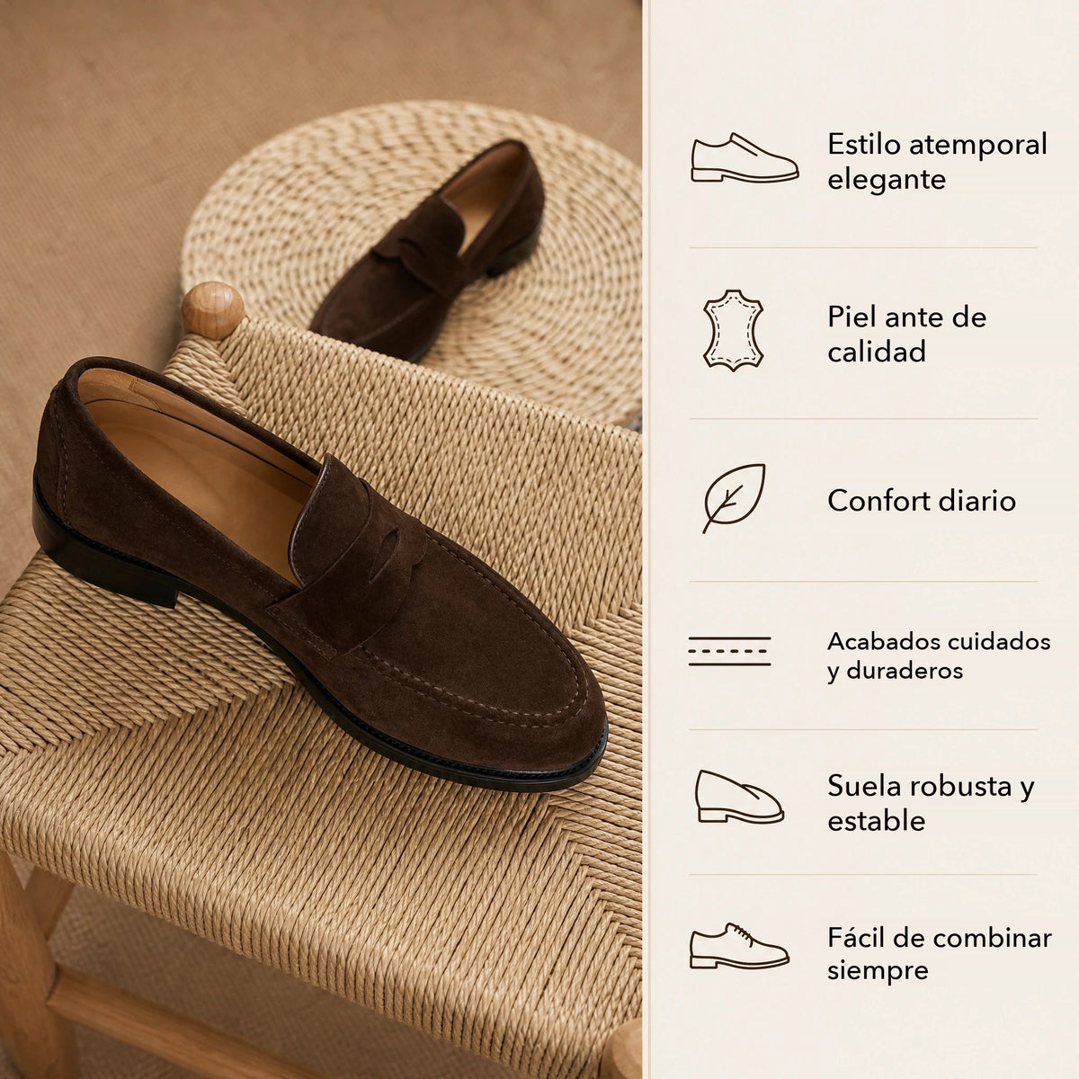 Mocasines penny hombre de ante marrón negro, detalle de la costura Imagen