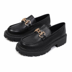 Mocasines de plataforma negros con cadena dorada para mujer, Negro mate