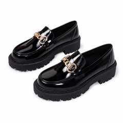 Mocasines de plataforma negros con cadena dorada para mujer, Negro charol
