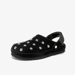Mocasines zuecos con tachuelas de mujer de ante y suela dentada, Negro