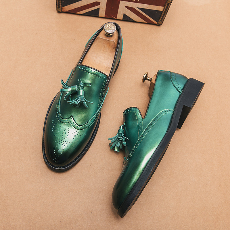 Mocasines con borla verde metálico para hombres