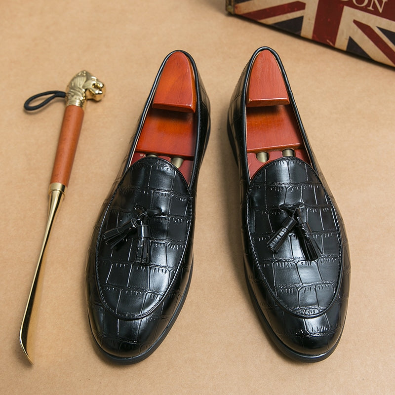 Mocasines con borlas elegantes en cuero efecto cocodrilo para hombre
