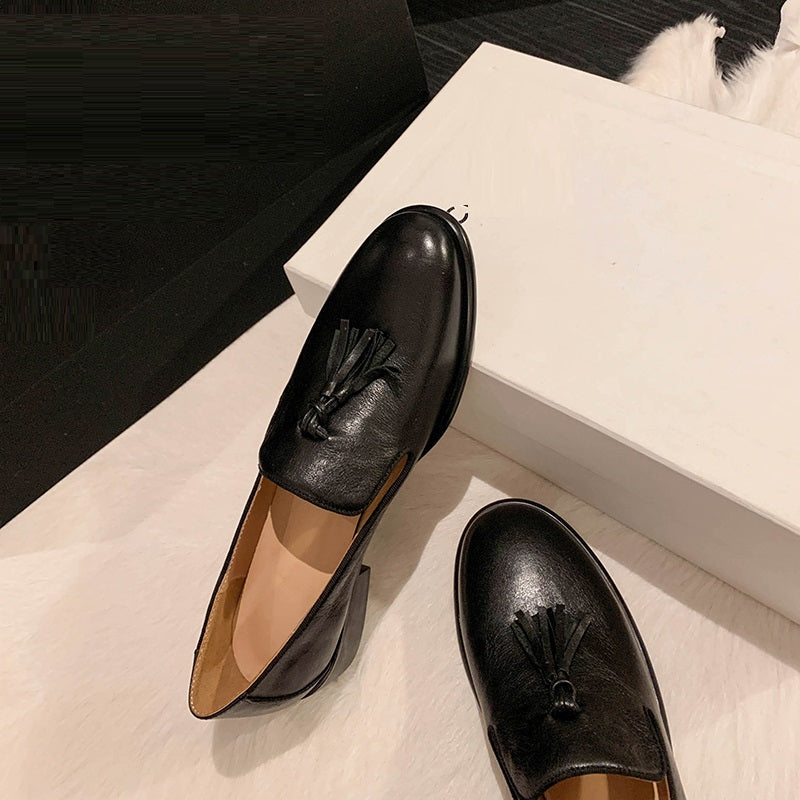 Mocasines con borlas de cuero genuino y punta redonda para mujer